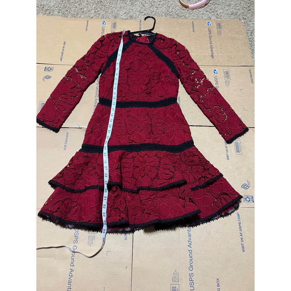 Alexis Khans Dress Burgundy Lace Long Sleeve Tiered Ruffle Mock Neck Cocktail S - Picture 6 of 10